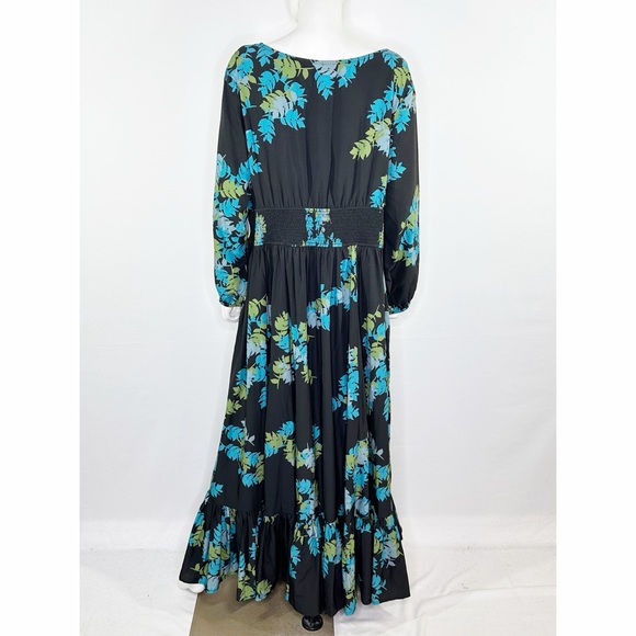 eShakti Black Floral Maxi Dress Size 3X Long Sleeve V-Neck Casual Flowy - Picture 6 of 10